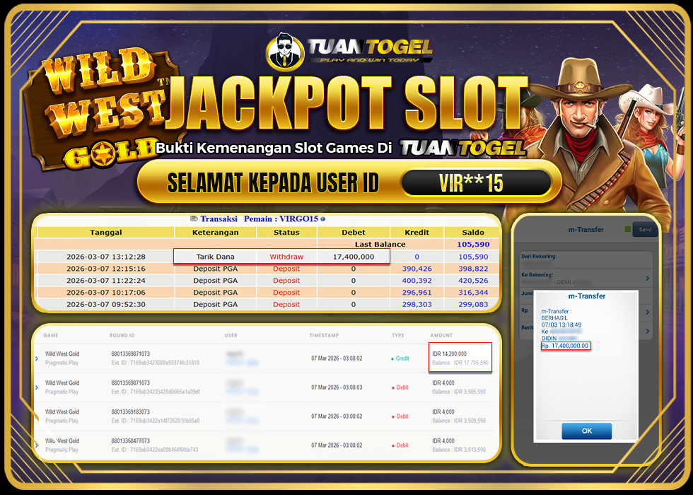 TUANTOGEL JACKPOT SLOT WILD WEST GOLD Rp17.400.000, - LUNAS